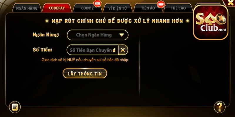 Cổng Baccarat Saoclub có nhiều phương tiện nạp tiền