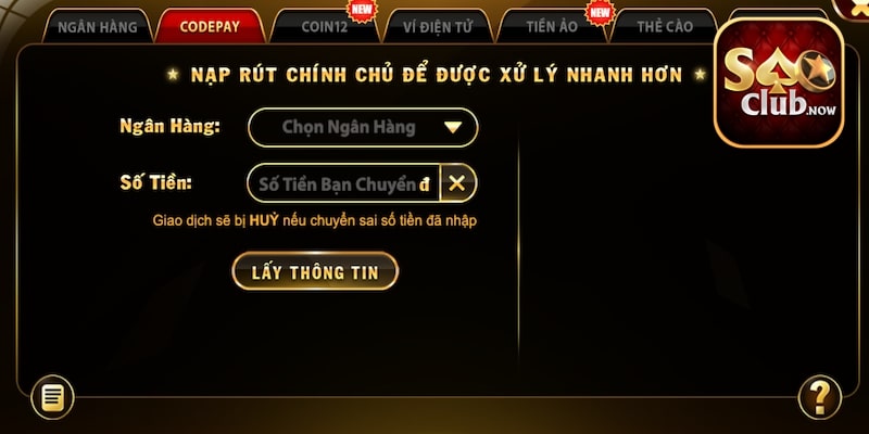 Cổng Sicbo Saoclub nhiều phương thức nạp tiền