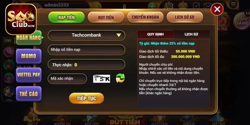 Hướng dẫn nạp tiền vào SAOCLUB thông qua ngân hàng